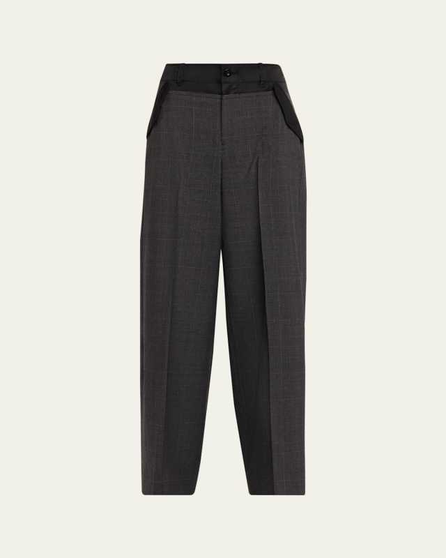 Nylon-Waistband Glen Check Wide-Leg Trousers